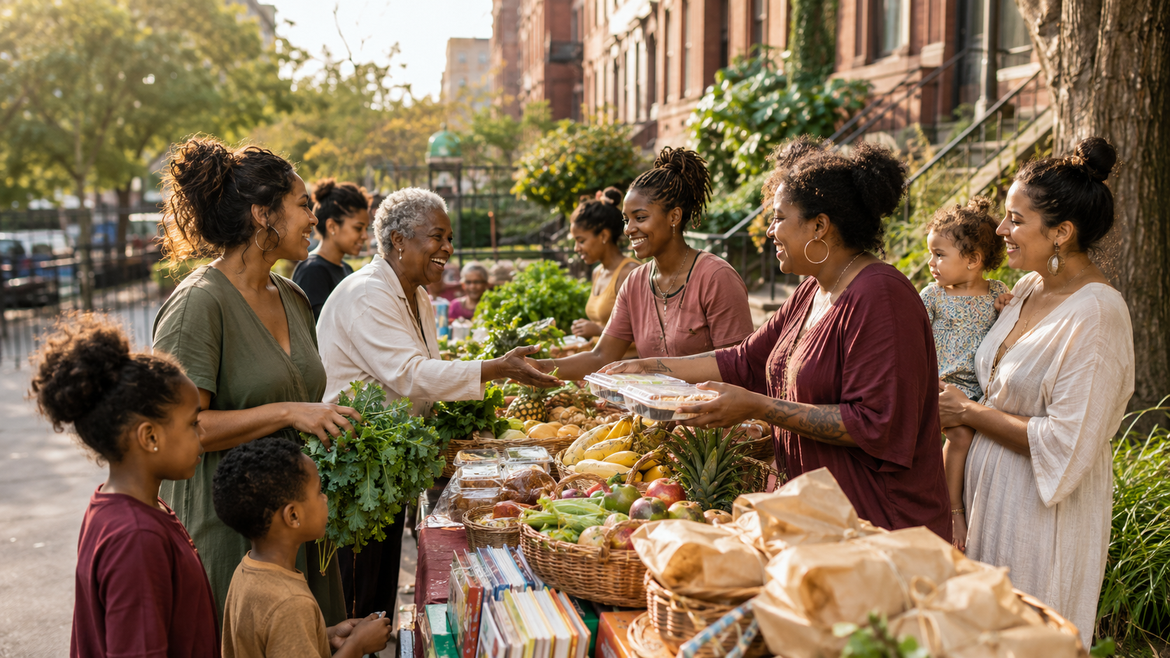 Neighbors sharing fresh produce, meals, and books at an outdoor community food table