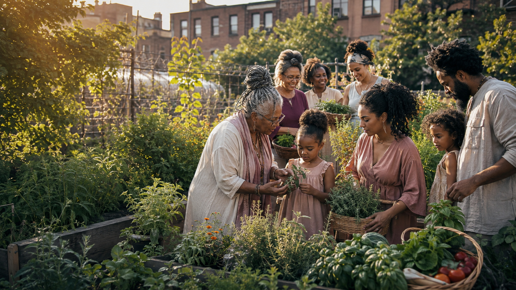 An elder teaching a child about herbs in a lush community garden while family gathers around